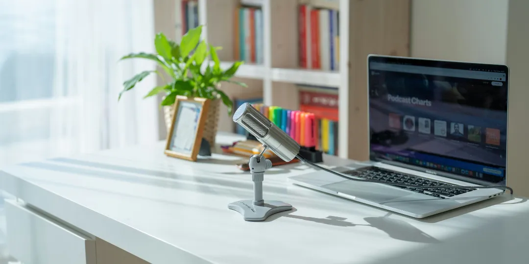 home podcast studio on desk